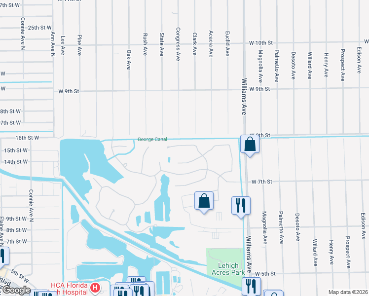 map of restaurants, bars, coffee shops, grocery stores, and more near 18301 Pine Nut Court in Lehigh Acres