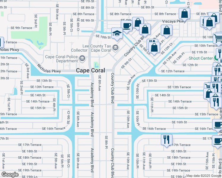 map of restaurants, bars, coffee shops, grocery stores, and more near 1318 Country Club Boulevard in Cape Coral