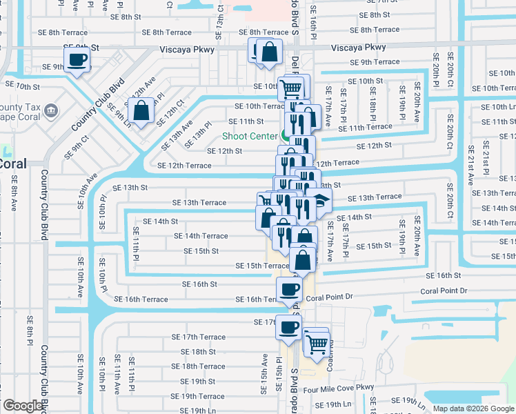 map of restaurants, bars, coffee shops, grocery stores, and more near 1449 Southeast 13th Terrace in Cape Coral