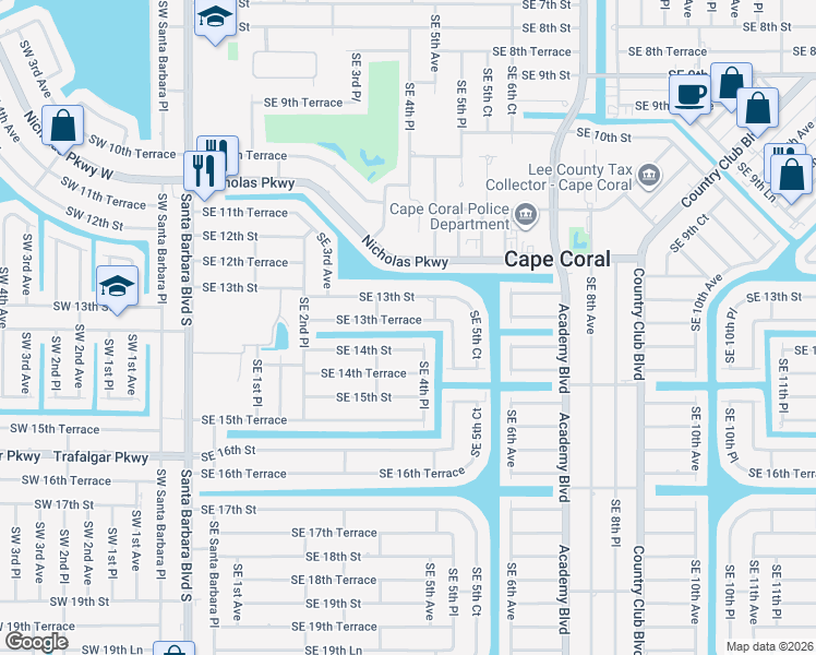 map of restaurants, bars, coffee shops, grocery stores, and more near 411 Southeast 13th Terrace in Cape Coral