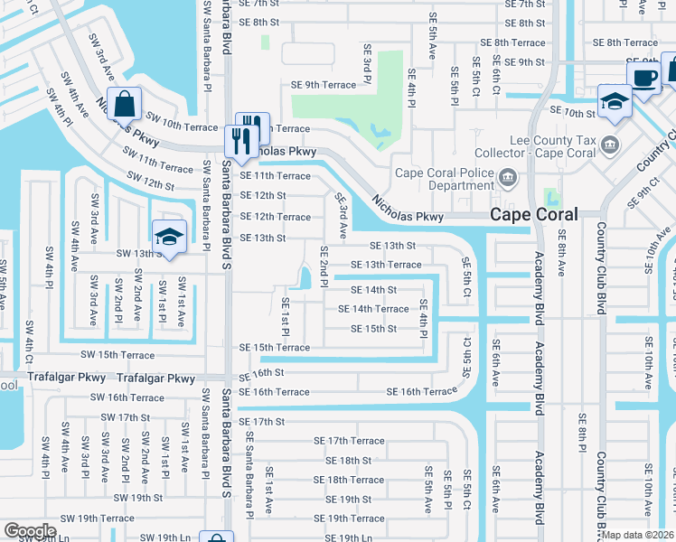 map of restaurants, bars, coffee shops, grocery stores, and more near 224 Southeast 13th Street in Cape Coral