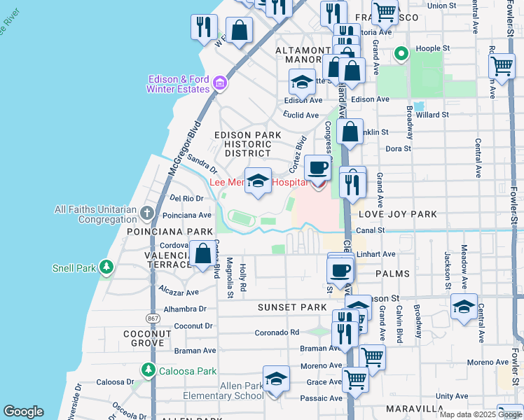 map of restaurants, bars, coffee shops, grocery stores, and more near 2635 Cortez Boulevard in Fort Myers