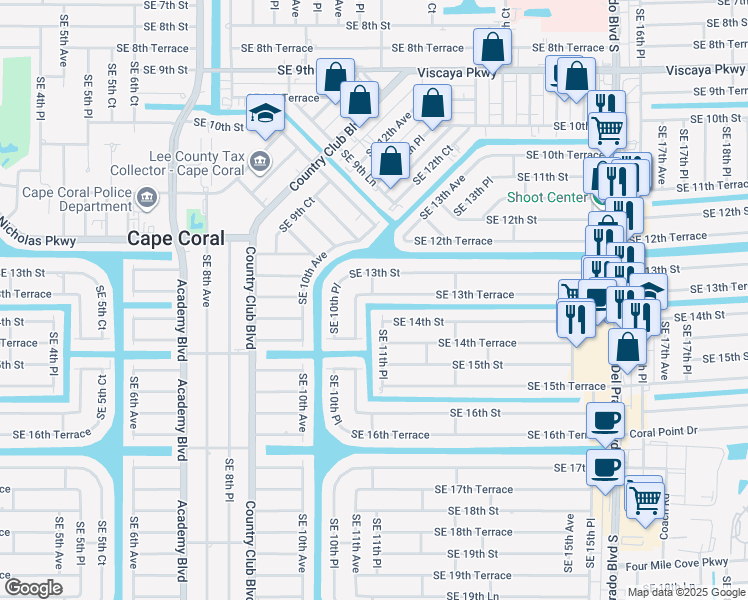 map of restaurants, bars, coffee shops, grocery stores, and more near 1127 Southeast 13th Terrace in Cape Coral