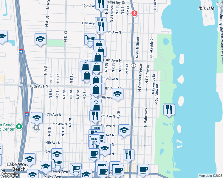 map of restaurants, bars, coffee shops, grocery stores, and more near 1019 North K Street in Lake Worth