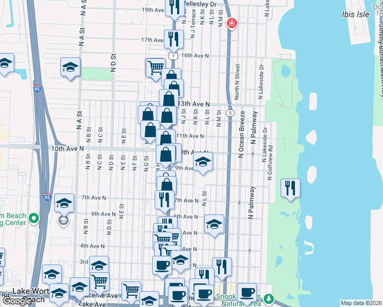 map of restaurants, bars, coffee shops, grocery stores, and more near 1019 North K Street in Lake Worth