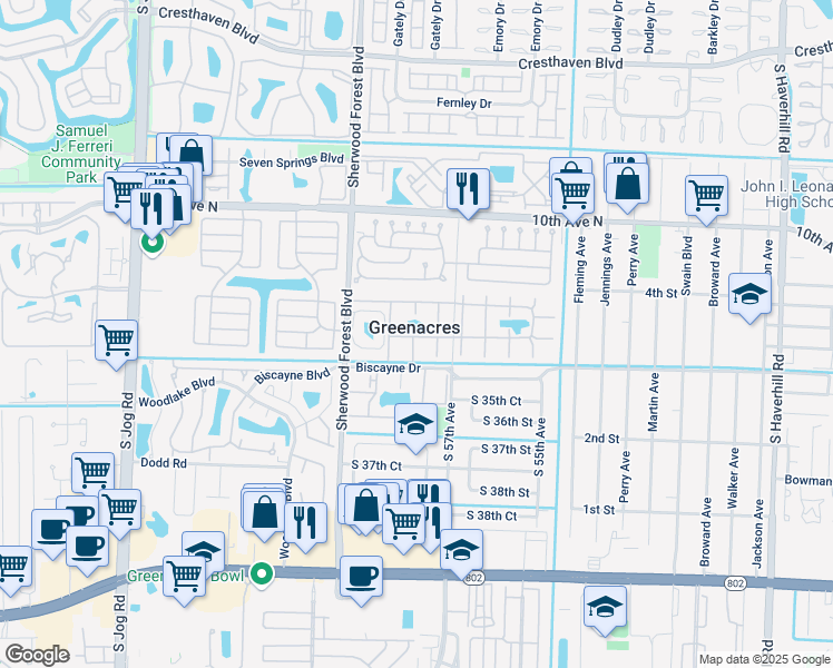 map of restaurants, bars, coffee shops, grocery stores, and more near in Greenacres