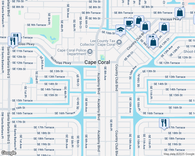 map of restaurants, bars, coffee shops, grocery stores, and more near 621 Southeast 13th Terrace in Cape Coral