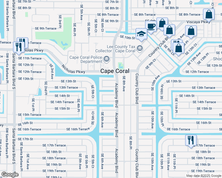 map of restaurants, bars, coffee shops, grocery stores, and more near 621 Southeast 13th Terrace in Cape Coral