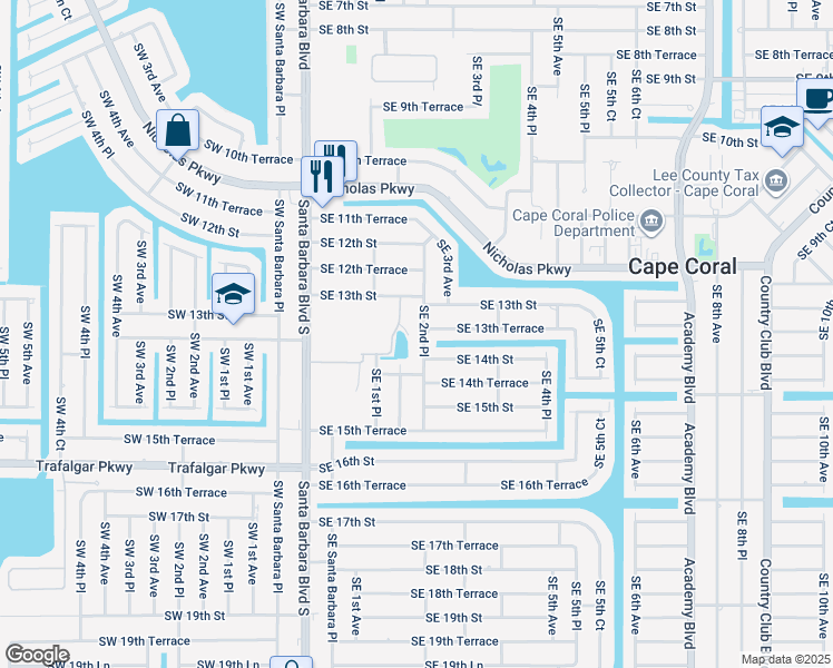 map of restaurants, bars, coffee shops, grocery stores, and more near 1303 Southeast 2nd Avenue in Cape Coral