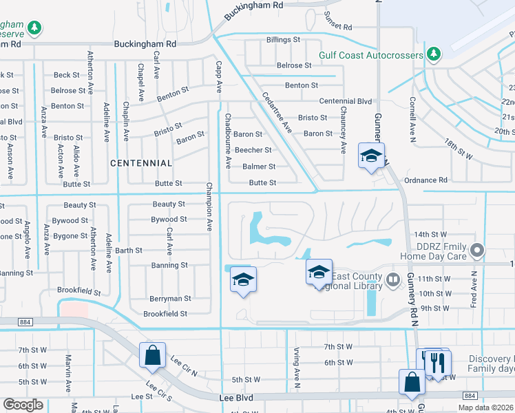 map of restaurants, bars, coffee shops, grocery stores, and more near 4584 Varsity Circle in Lehigh Acres