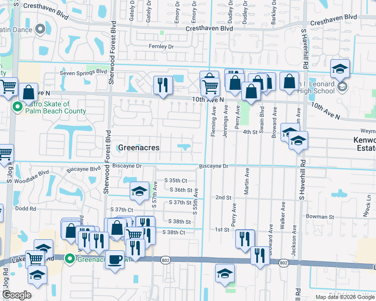 map of restaurants, bars, coffee shops, grocery stores, and more near 338 Pine Ridge Circle in Greenacres