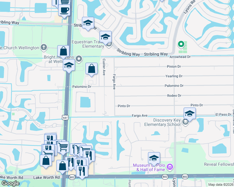map of restaurants, bars, coffee shops, grocery stores, and more near 9478 Palomino Drive in Lake Worth