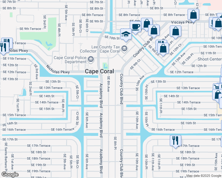 map of restaurants, bars, coffee shops, grocery stores, and more near 1321 Southeast 8th Avenue in Cape Coral