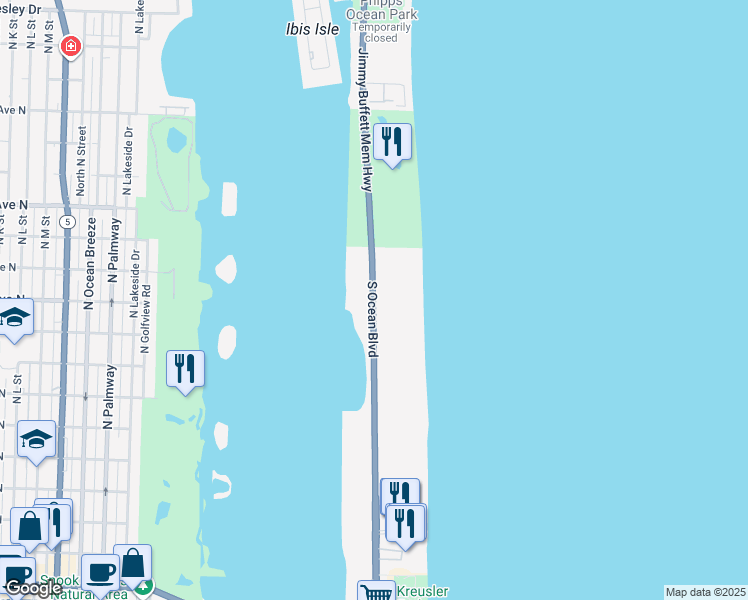 map of restaurants, bars, coffee shops, grocery stores, and more near 2545 South Ocean Boulevard in Palm Beach