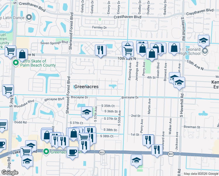 map of restaurants, bars, coffee shops, grocery stores, and more near 340 Pine Ridge Circle in Greenacres