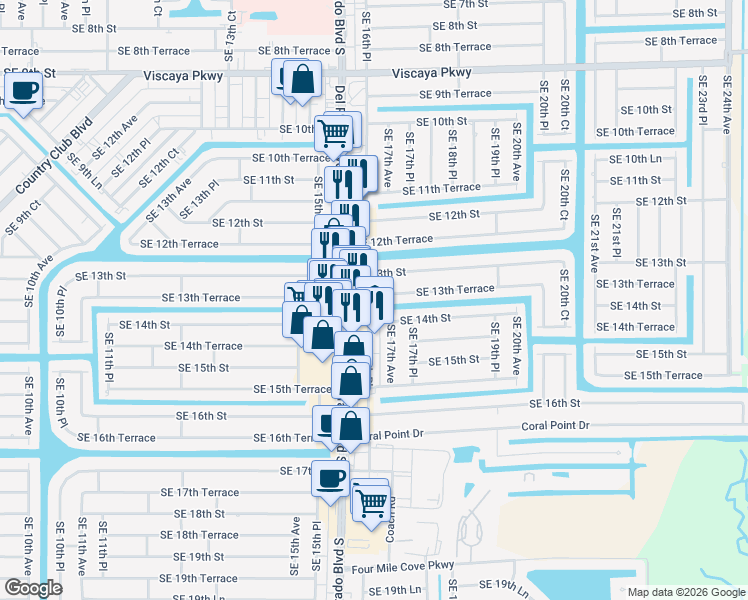 map of restaurants, bars, coffee shops, grocery stores, and more near 1625 Southeast 13th Terrace in Cape Coral