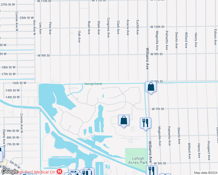 map of restaurants, bars, coffee shops, grocery stores, and more near 18252 Pine Nut Court in Lehigh Acres