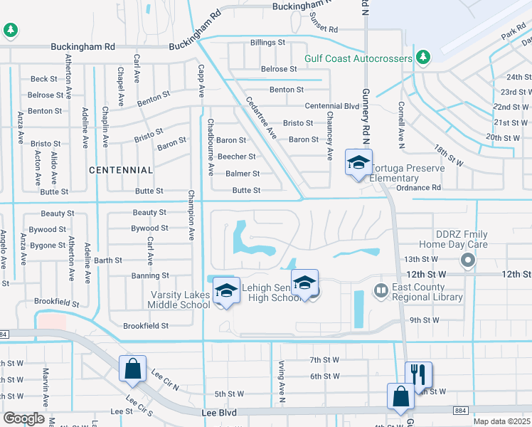 map of restaurants, bars, coffee shops, grocery stores, and more near 4569 Varsity Circle in Lehigh Acres