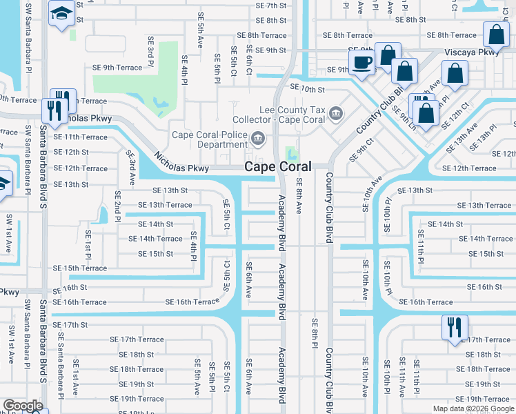 map of restaurants, bars, coffee shops, grocery stores, and more near 601 Southeast 13th Terrace in Cape Coral