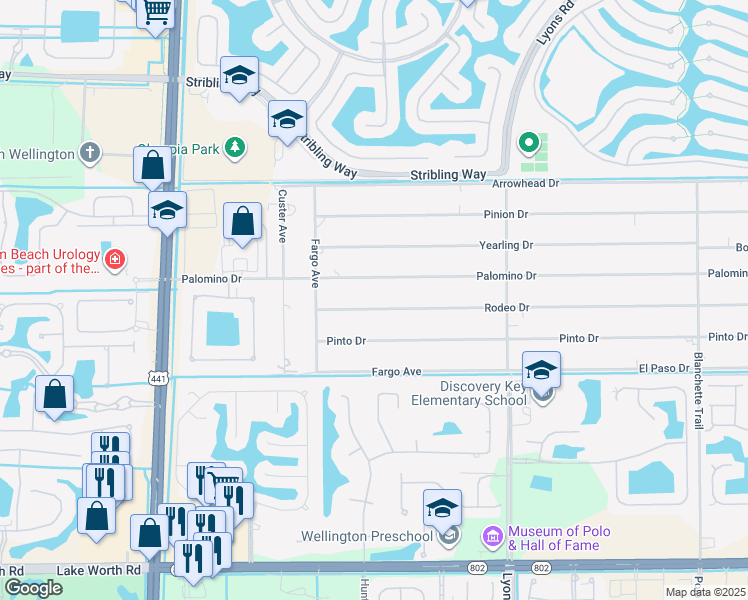 map of restaurants, bars, coffee shops, grocery stores, and more near 9396 Palomino Drive in Lake Worth