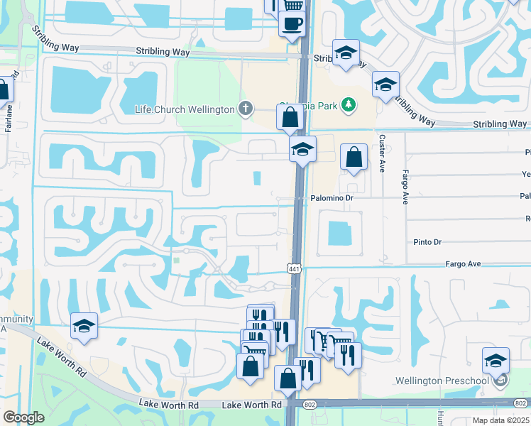 map of restaurants, bars, coffee shops, grocery stores, and more near 10306 Wellington Parc Drive in Wellington