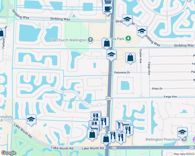 map of restaurants, bars, coffee shops, grocery stores, and more near 10097 Wellington Parc Drive in Wellington