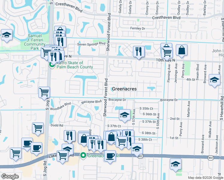 map of restaurants, bars, coffee shops, grocery stores, and more near 700 Nottingham Circle in Greenacres