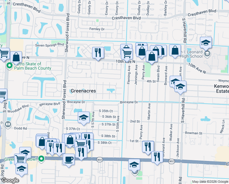 map of restaurants, bars, coffee shops, grocery stores, and more near 337 Pine Ridge Circle in Greenacres