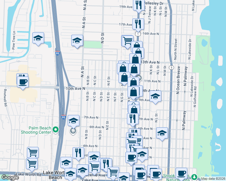 map of restaurants, bars, coffee shops, grocery stores, and more near 1011 North E Street in Lake Worth