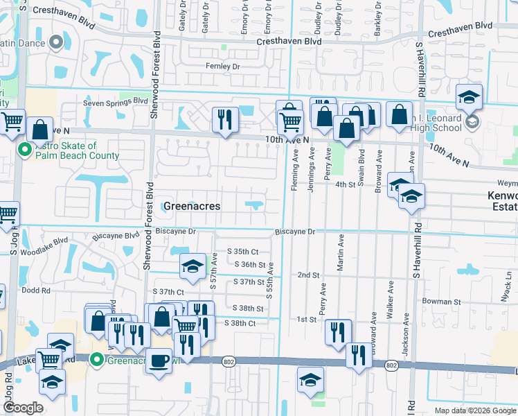 map of restaurants, bars, coffee shops, grocery stores, and more near 340 Pine Ridge Circle in Greenacres