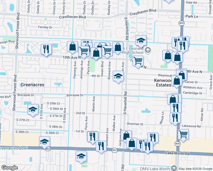 map of restaurants, bars, coffee shops, grocery stores, and more near 425 Broward Avenue in Greenacres