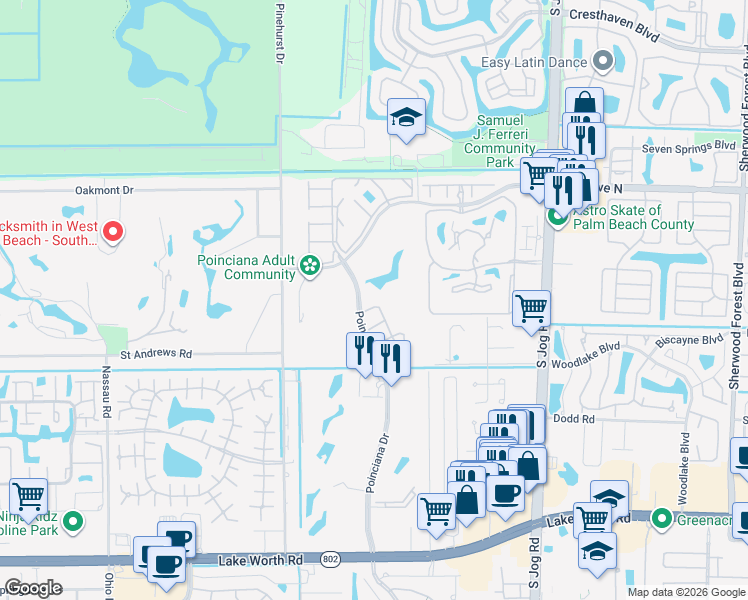 map of restaurants, bars, coffee shops, grocery stores, and more near 6765 Wheaton Lane in Lake Worth