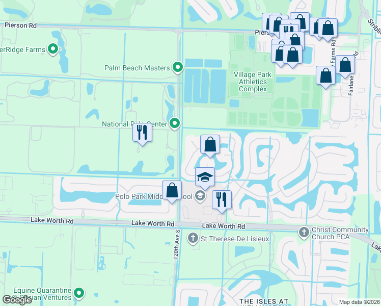 map of restaurants, bars, coffee shops, grocery stores, and more near 3694 Miramontes Circle in Wellington