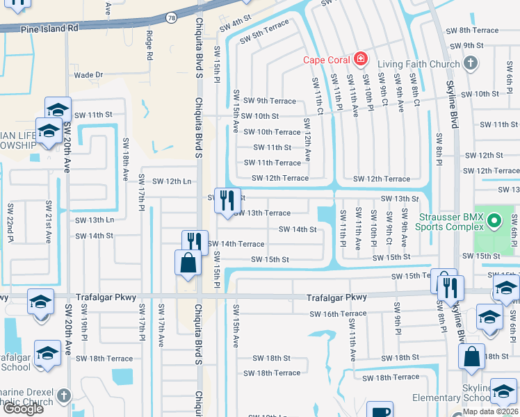 map of restaurants, bars, coffee shops, grocery stores, and more near 1406 Southwest 13th Street in Cape Coral