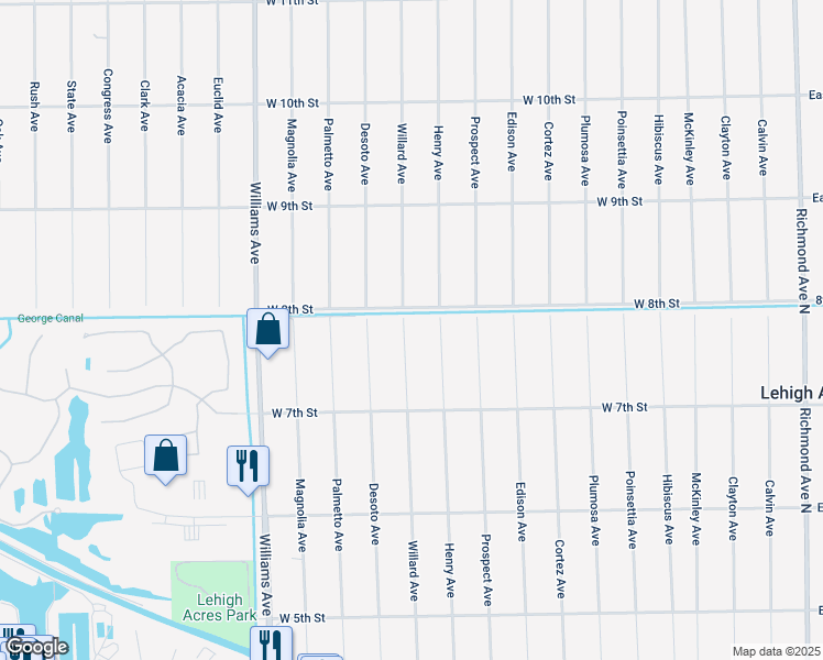 map of restaurants, bars, coffee shops, grocery stores, and more near 718 Willard Avenue in Lehigh Acres