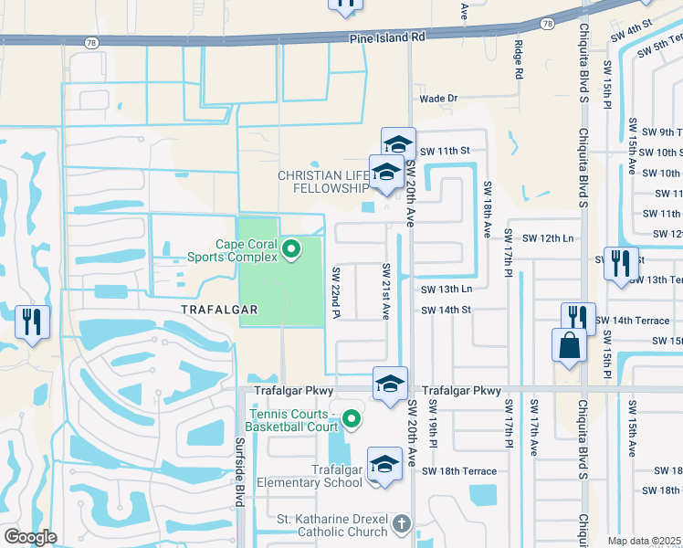 map of restaurants, bars, coffee shops, grocery stores, and more near 2209 Southwest 13th Street in Cape Coral