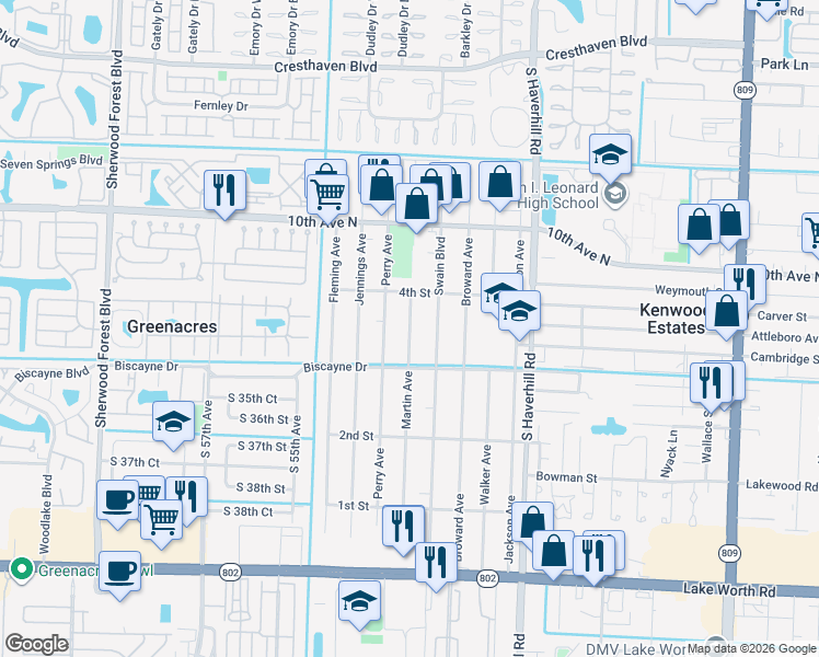 map of restaurants, bars, coffee shops, grocery stores, and more near 448 Martin Avenue in Greenacres