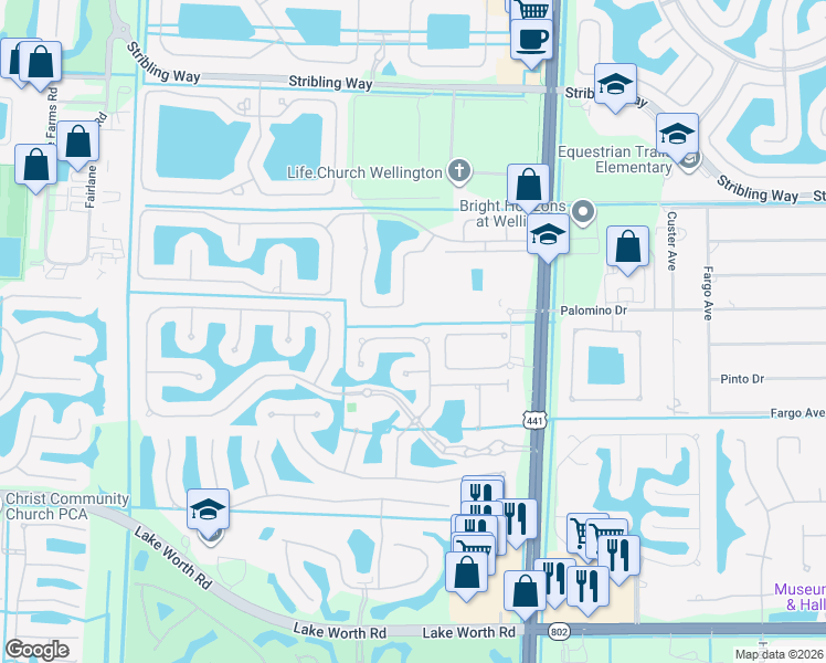 map of restaurants, bars, coffee shops, grocery stores, and more near 3488 Collonade Drive in Wellington