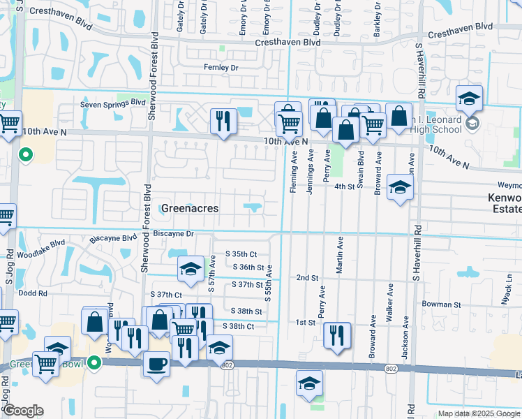 map of restaurants, bars, coffee shops, grocery stores, and more near 340 Pine Ridge Circle in Greenacres