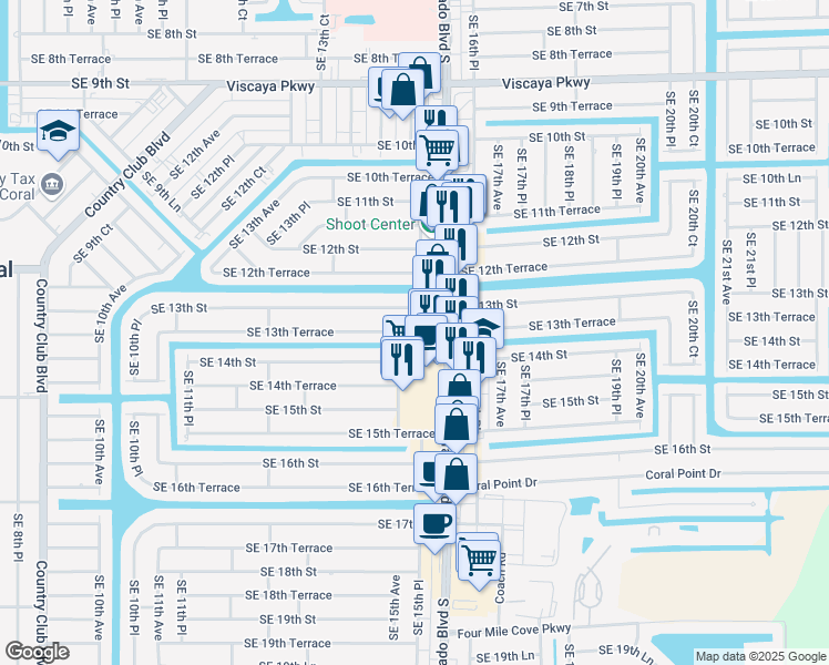 map of restaurants, bars, coffee shops, grocery stores, and more near Southeast 13th Terrace in Cape Coral