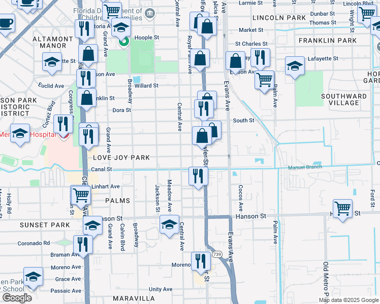 map of restaurants, bars, coffee shops, grocery stores, and more near 2720 Royal Palm Avenue in Fort Myers