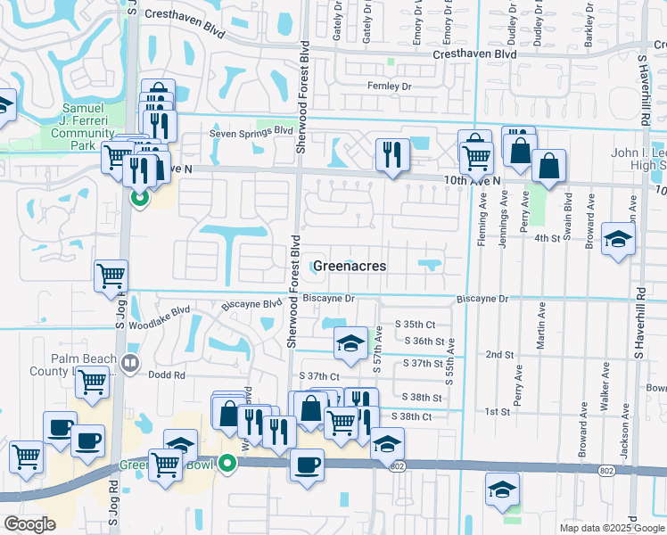 map of restaurants, bars, coffee shops, grocery stores, and more near 3528 La Mar Court in Greenacres