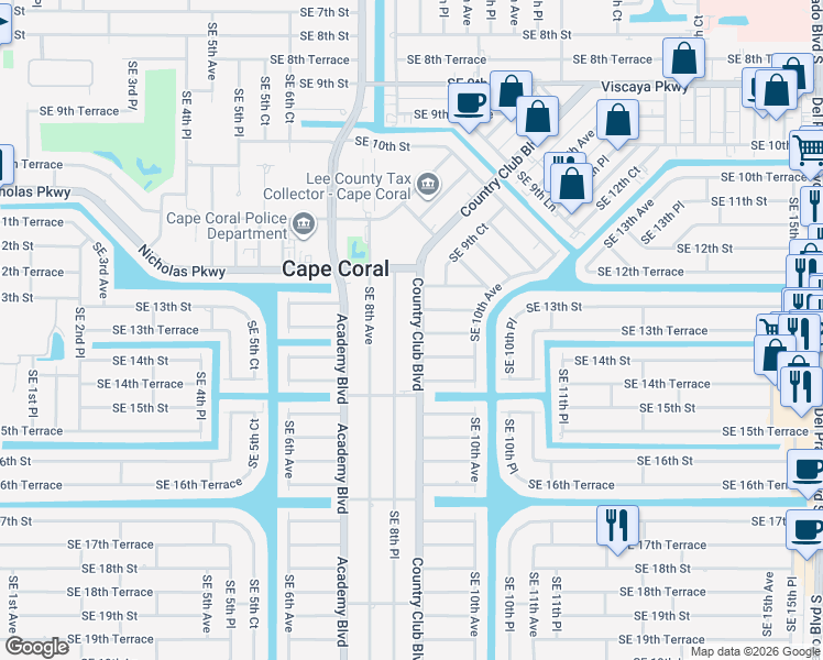 map of restaurants, bars, coffee shops, grocery stores, and more near 1301 Southeast 8th Place in Cape Coral