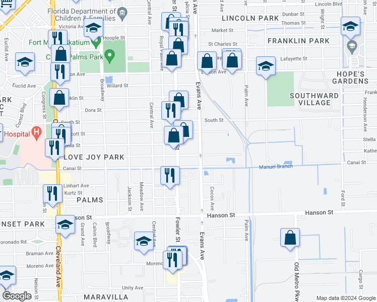 map of restaurants, bars, coffee shops, grocery stores, and more near 2539 Katherine Street in Fort Myers