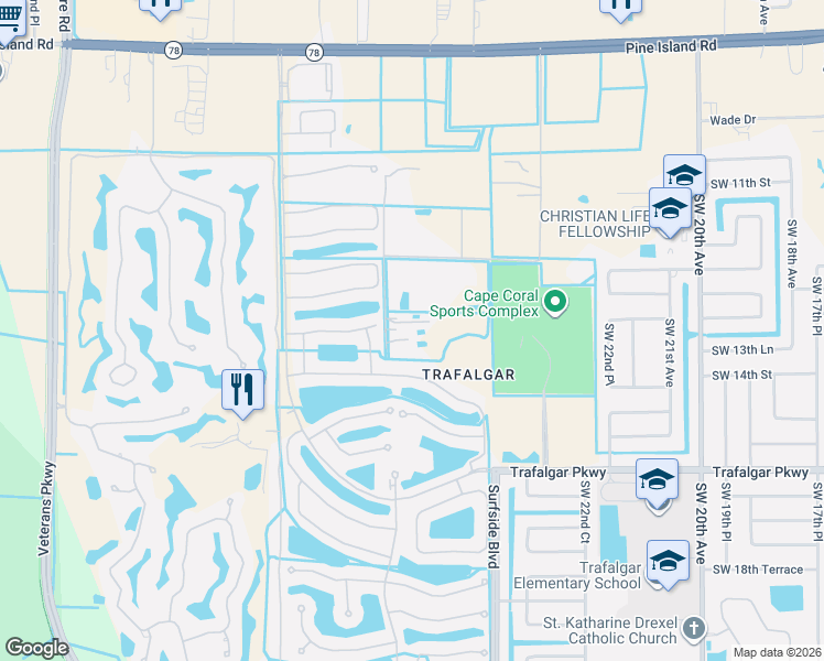 map of restaurants, bars, coffee shops, grocery stores, and more near 11260 Bridle Lane in Cape Coral