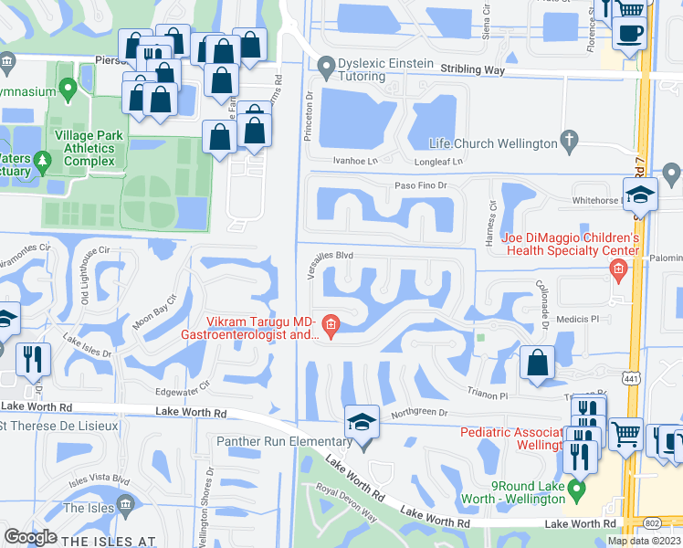 map of restaurants, bars, coffee shops, grocery stores, and more near 3515 Mabillon Way in Wellington