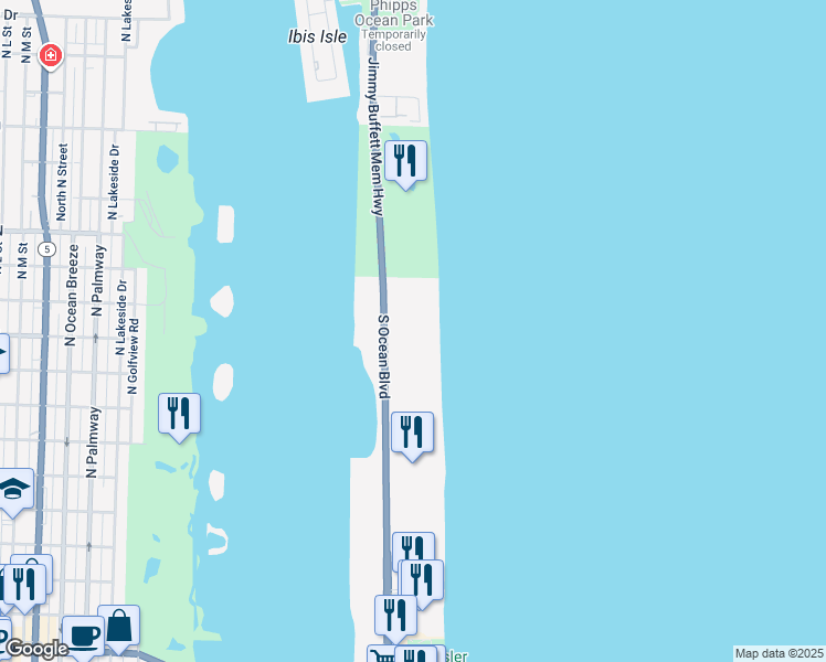 map of restaurants, bars, coffee shops, grocery stores, and more near 2545 South Ocean Boulevard in Palm Beach