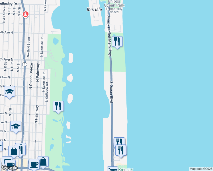 map of restaurants, bars, coffee shops, grocery stores, and more near 2560 South Ocean Boulevard in Palm Beach