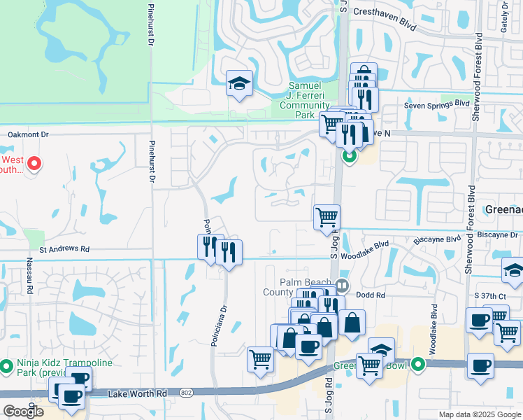 map of restaurants, bars, coffee shops, grocery stores, and more near 3220 Perimeter Drive in Greenacres