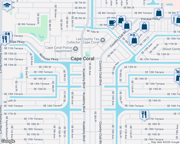 map of restaurants, bars, coffee shops, grocery stores, and more near 1310 Southeast 8th Avenue in Cape Coral